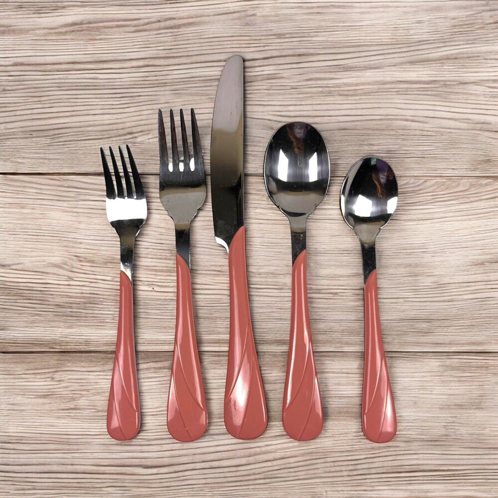 Fiesta Flatware 5 Pc Place Setting Pink Swirl Stainless Homer Laughlin Vtg 80’s